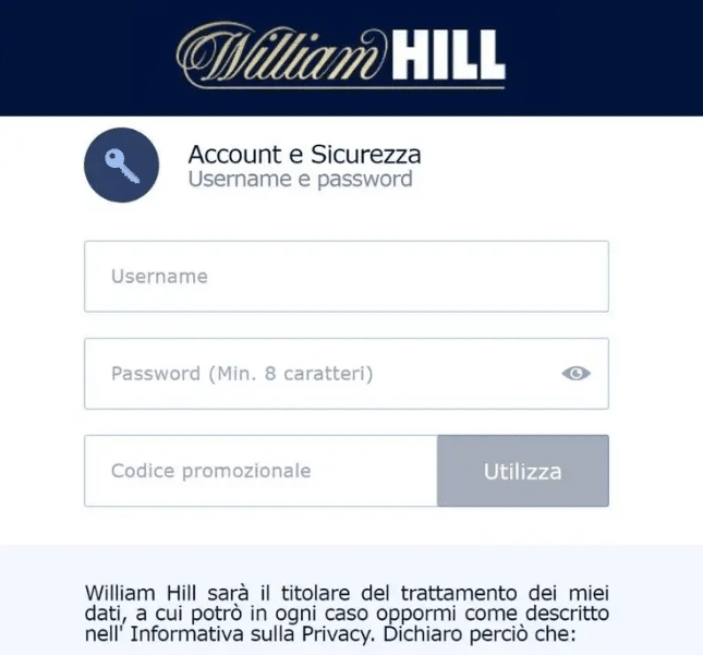 codice promozionale william hill modulo registrazione